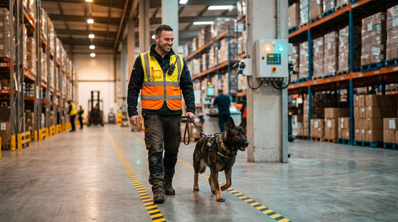 工作场所环境安全案例配图：仓储巡检与工作犬